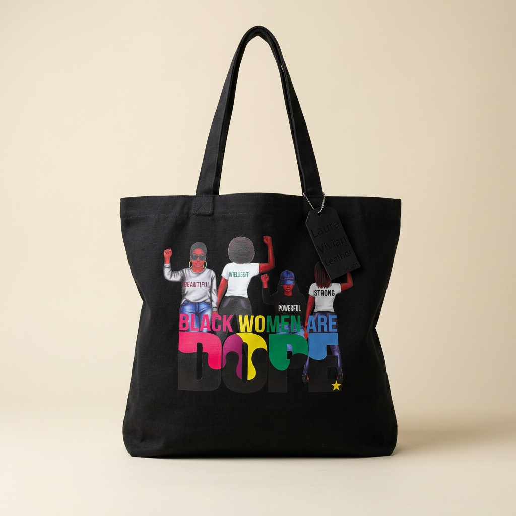 Black Women tote on an ivory studio background