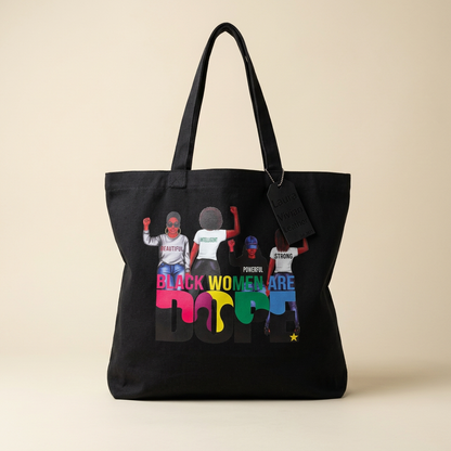 Black Women tote on an ivory studio background