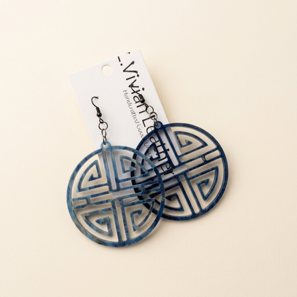 Blue circular earrings with an ivory background