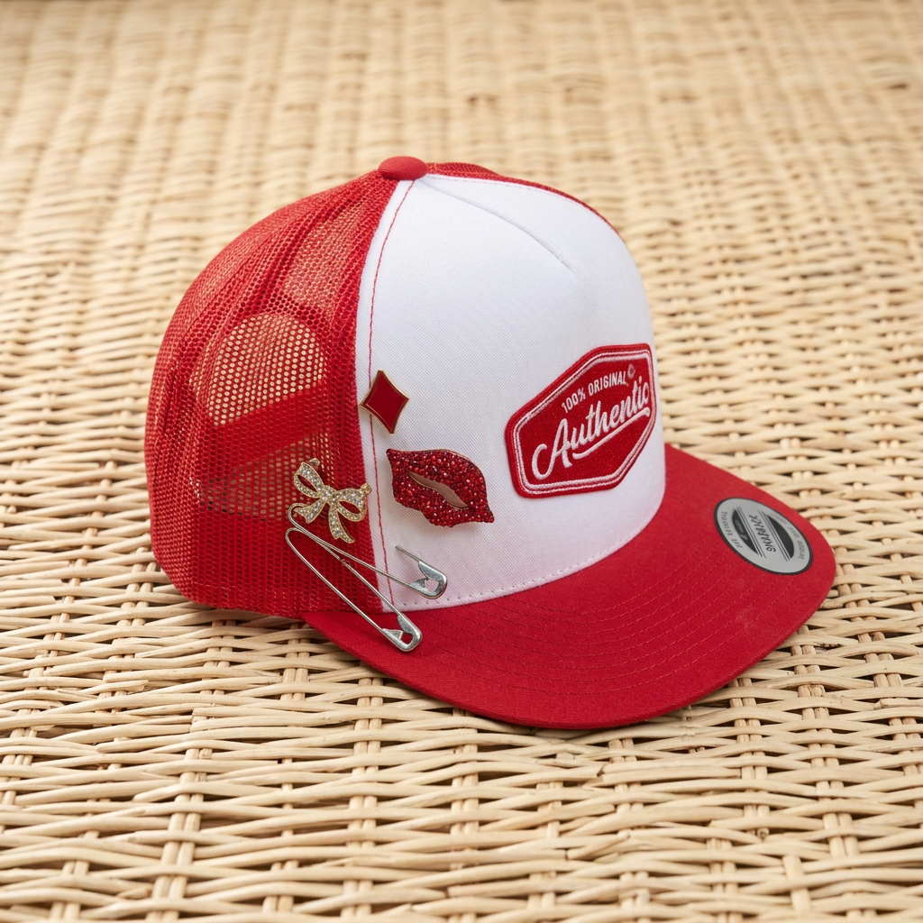 Red Authentic hat side view with clean woven background